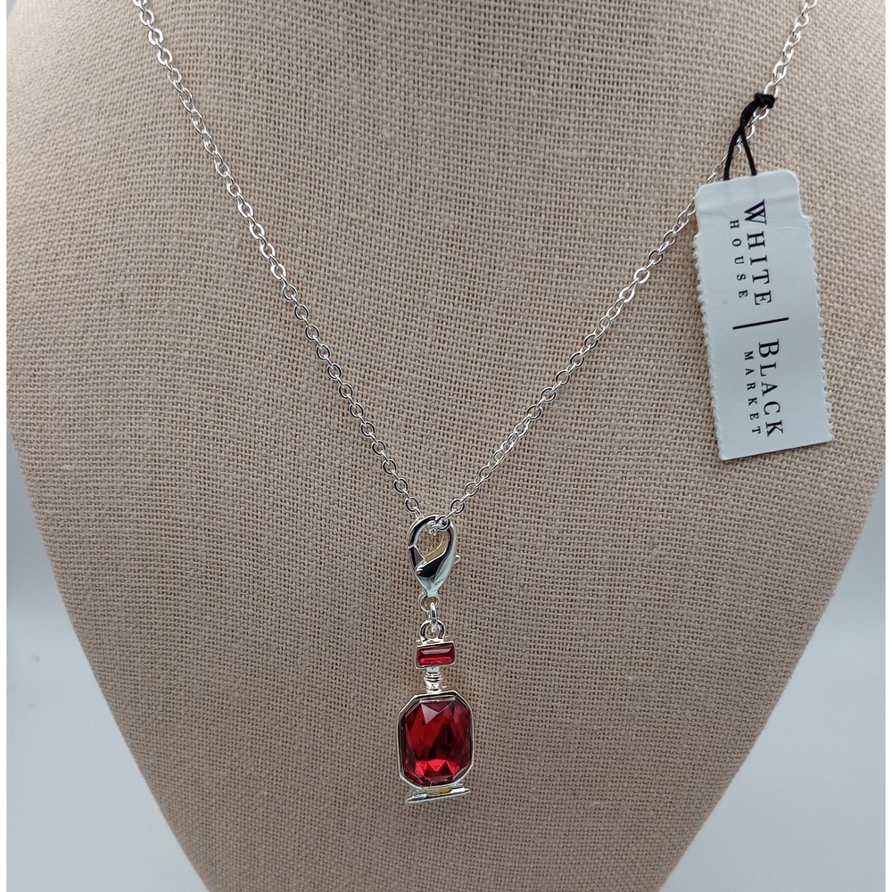 White House Black Market Red Perfume Bottle Pendant Necklace Silver Tone NWT $48